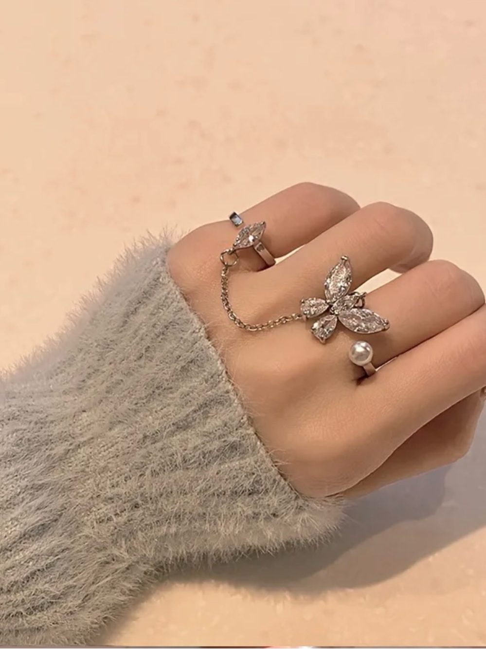 Silver Butterfly Chain Double Ring with Rhinestones & Pearl Jewelry Designer New